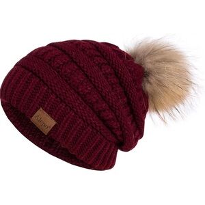 Lined Cable Knit Beanie w Fur Pom-Pom